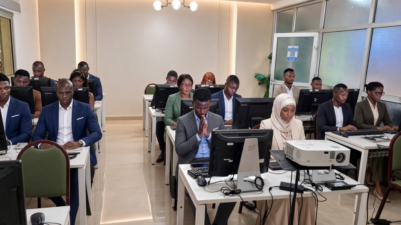 La salle informatique du centre, un poste par apprenant