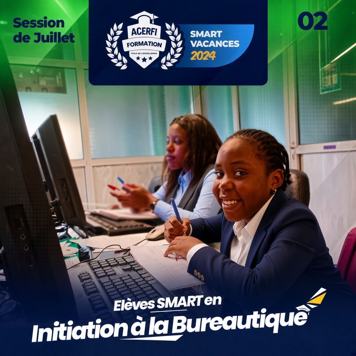 Jeune élève souriante en session de bureautique — Smart Vacances ACERFI.