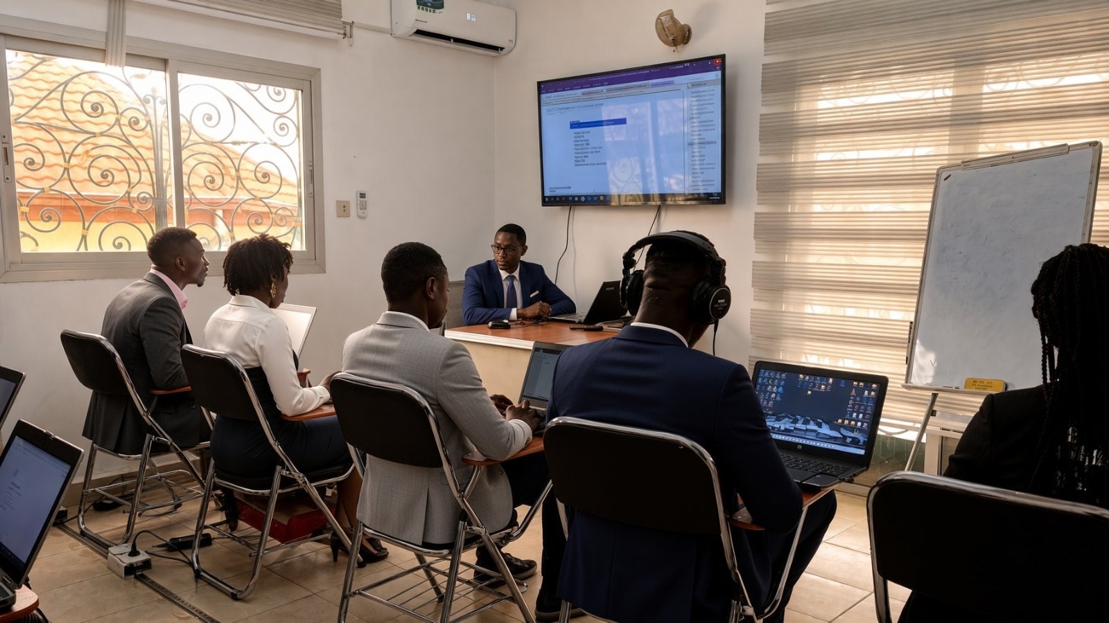 Cours en session : l’écran de projection et les postes des apprenants